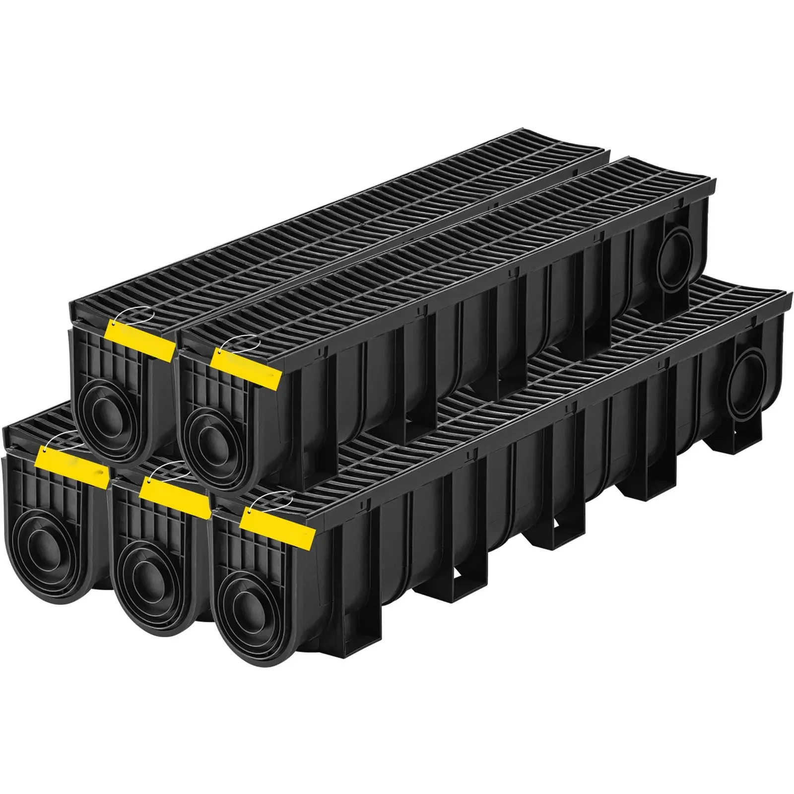 Trench Drain System, Channel Drain With Plastic Grate, 5.9x7.5-Inch HDPE Drainage Trench, Black Plastic Garage Floor Drain, 5x39 Trench Drain Grate, Includes 5 End Caps, Suitable For Garden And Driveway, 5 Pack