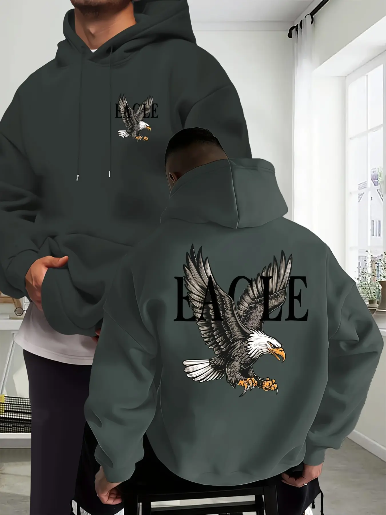 Eagle Men's New Trendy Fall Winter Hoodie, Casual Daily Drawstring Hooded Sweatshirt, Creative Print, Kangaroo Pocket, Unisex Top