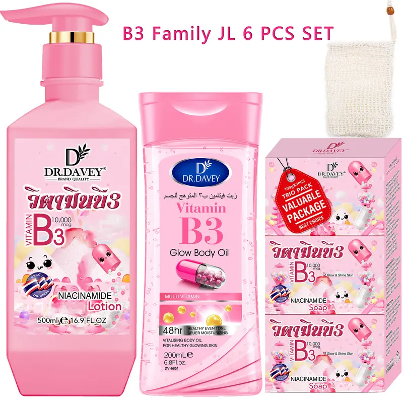 6pcs Vitamin B3 Body Lotion+Body Oil+Soap+foaming net  Skincare Set Gift: Clean, Moisturizing, Gentle, Non Stimulating, Fragrance Preserving, Large Capacity, Suitable for All Seasons Skincare for the Whole Family