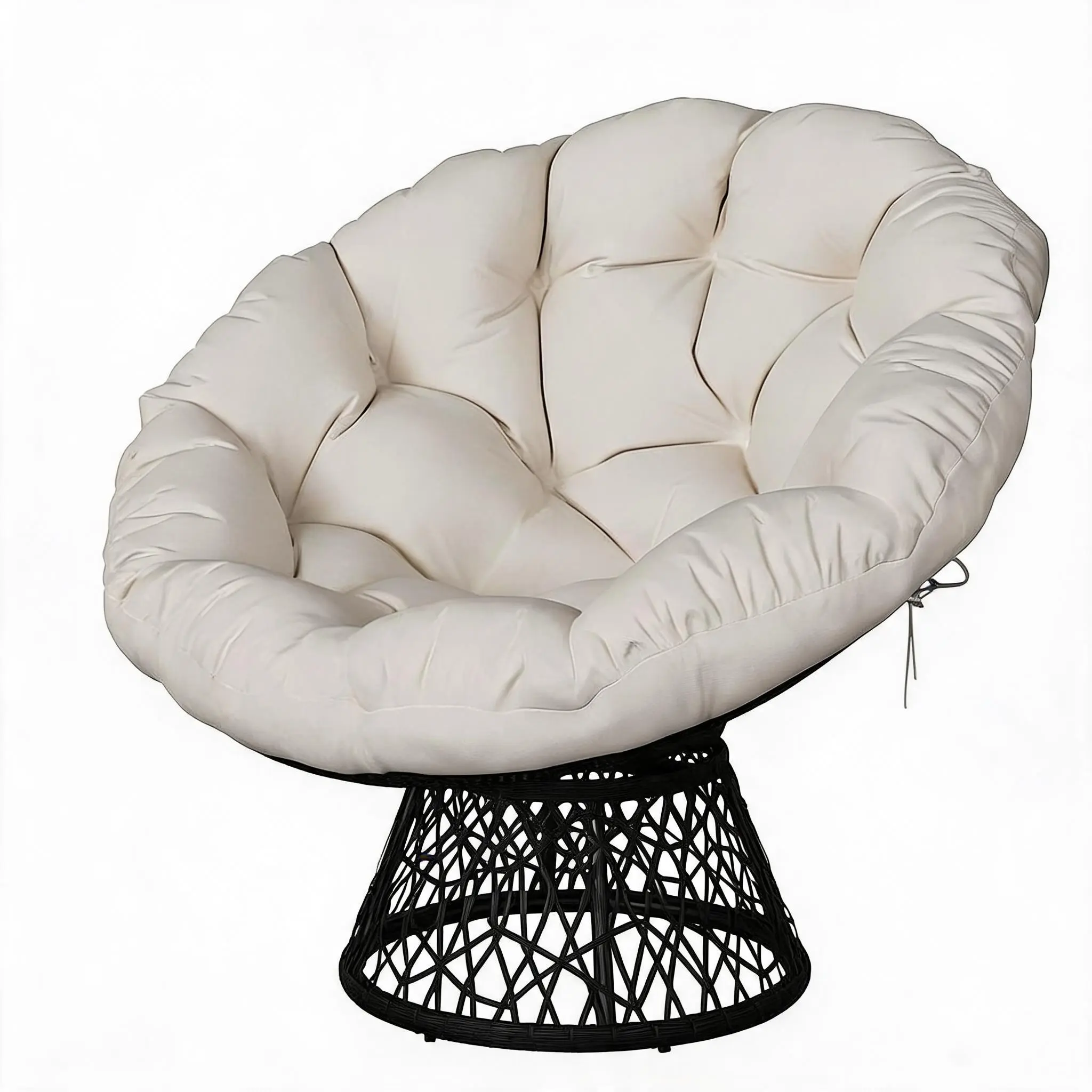 40" Comfy Bowl-Shape Papasan Lounge Chair - Wicker-Style Rattan Shell Seat, Extra-Thick Pad, Heavy-Duty Steel Frame, 360° Swivel Base, Indoor/Outdoor Black Powder-Coated Frame, Beige/Black 180g Polyester Cushion Furniture