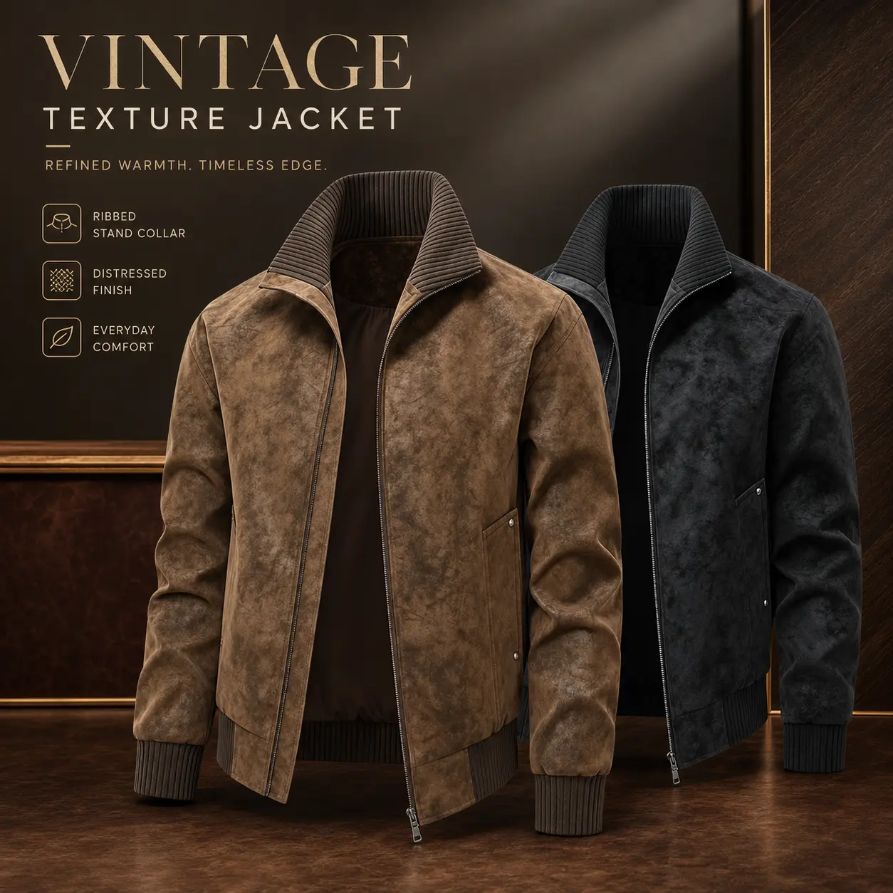 Men's Vintage Washed Suede Bomber Jacket Zip Up Stand Collar Faux Leather Jacket Loose Casual Streetwear Fall Outerwear Coat