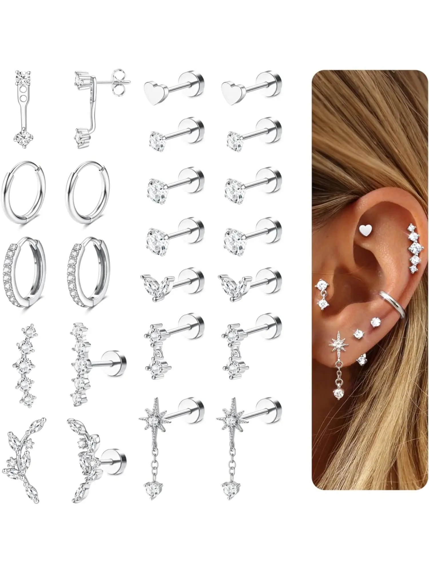 12Pairs Hypoallergenic Flat Back Earrings-Cartilage Earring Stacks-Surgical Steel Earrings for Sensitive Ears - Small Stainless Steel Flatback Stud Hoop Earring Sets for Helix Tragus Conch Daith Multiple Piercing Jewelry Trendy