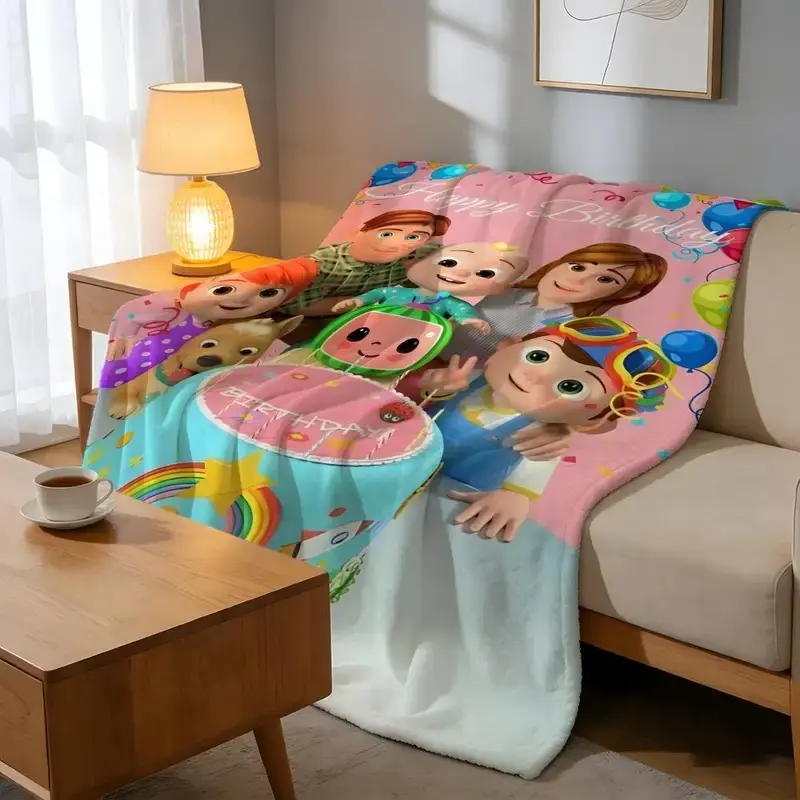 High-Density Short Plush Throw Blanket - High-Quality Cotton, Soft Skin-Friendly, Full Print Cocomelon Party Theme for Sofa Nap Time, Air-Conditioned Rooms, Multi-Size