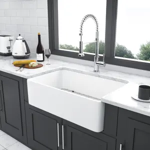 33 White Farmhouse Sink - 33 x 20 x 10 Inch Kitchen Sink Apron Front Porcelain Ceramic Single Bowl Farmer Sink Basin On-Site  WL RR