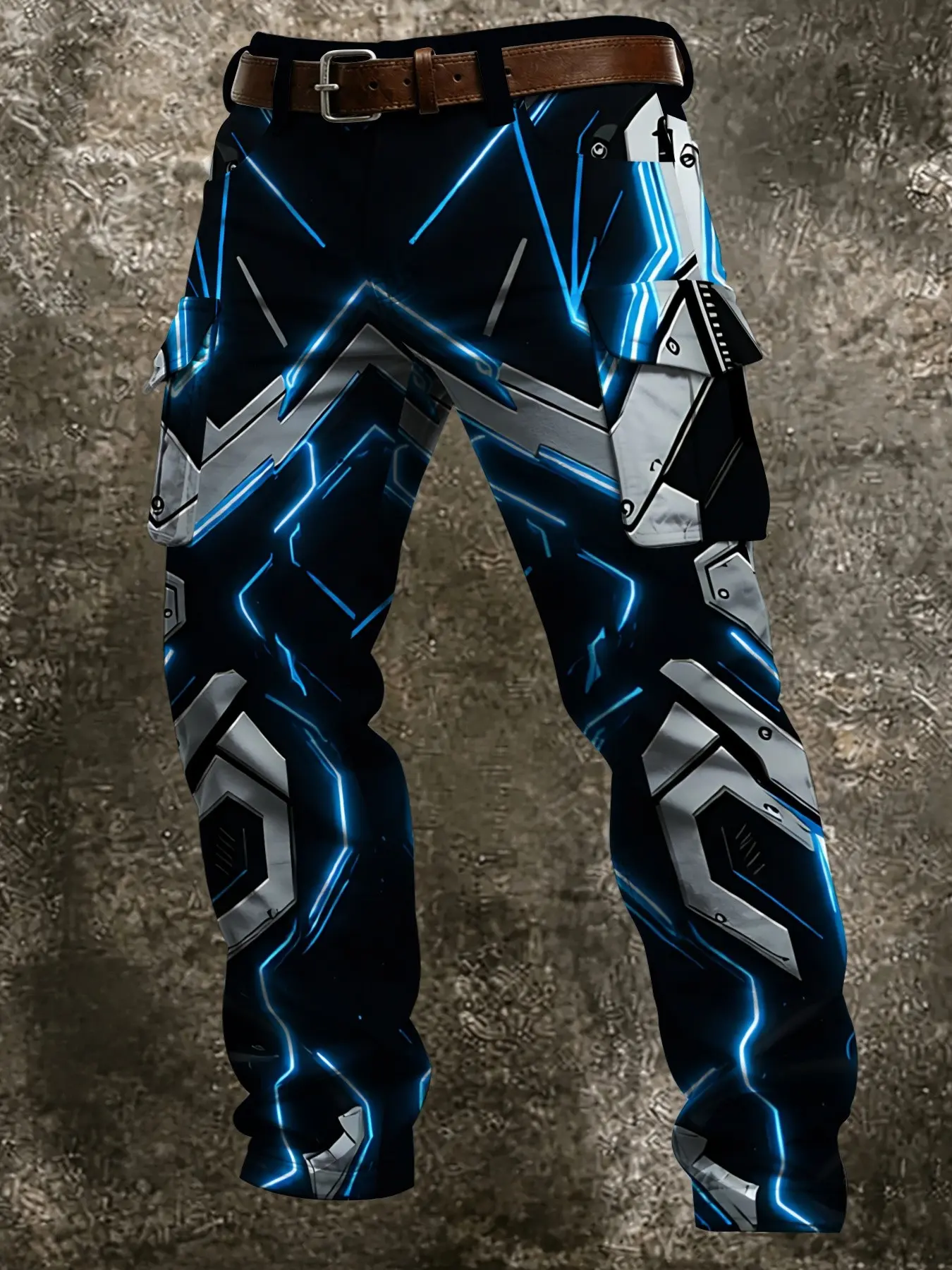Men's Cyberpunk Cargo Pants, Blue Light Reflective Armor Tech 3D Print, Futuristic Style, Trendy Men's Workwear, Ankle Length, Slim Fit, Casual Pocket Pants
