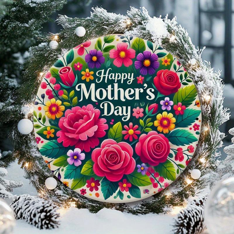 Vintage Mother's Day Wall Hanging - Round Floral Wreath Metal Sign with "Happy Mother's Day" Text, Pink Roses & Purple Daisies - Durable Iron Decor Suitable for Farmhouse, Porch, Bedroom - Perfect Gift for Mom, Year-Round Decorative