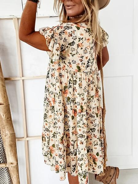 Women's Floral Print Ruffle Smock Dress, Casual Fashion Short Sleeve Round Neck Knee Length Dress for Summer, Women's Dress for Beach Holiday Vacation