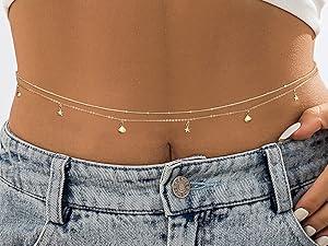 Sanfenly Gold Belly Chains Waist Chains for Women of adult Waterproof Stainless Steel Pearl Beaded Seashell Starfish Body Chain Belly Necklace Bracelet Stomach Jewelry Chain 26"-43" beads