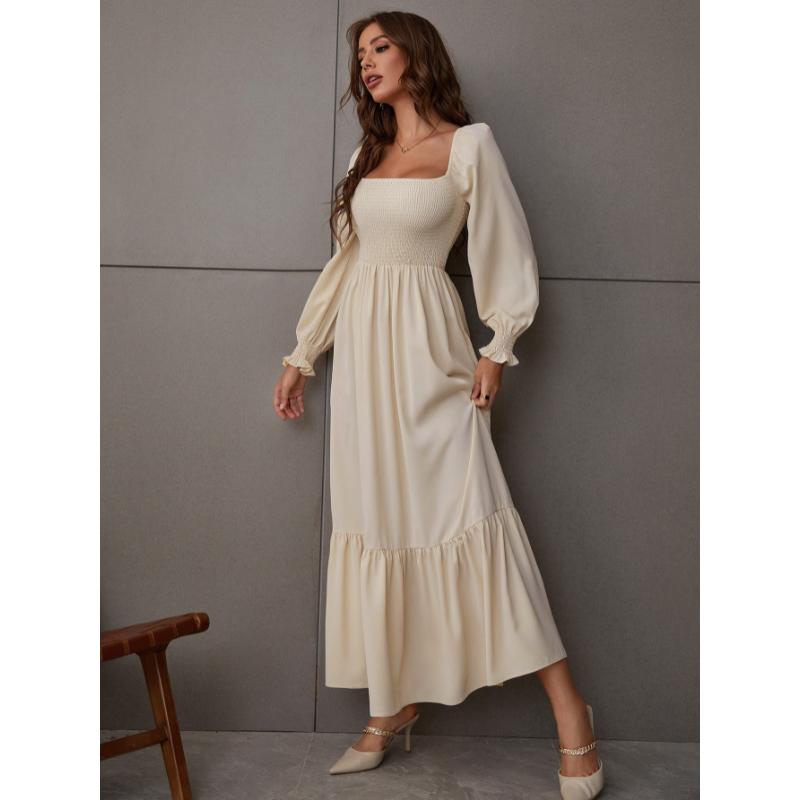 SHEIN Raffinéa Square Neck Shirred Ruffle Hem Dress Maxi Women Outfit