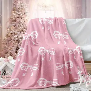 Pink Bow Knot Flannel Blanket, Ballet Bowknot Pattern Soft Throw, Cozy Warm Aesthetic Gift for Her Girlfriend Daughter, Cute Home Decor for Couch Sofa Bed, AC Room Summer Blanket, Birthday Christmas Valentine Gift for Women Girls, Kawaii Room Throw