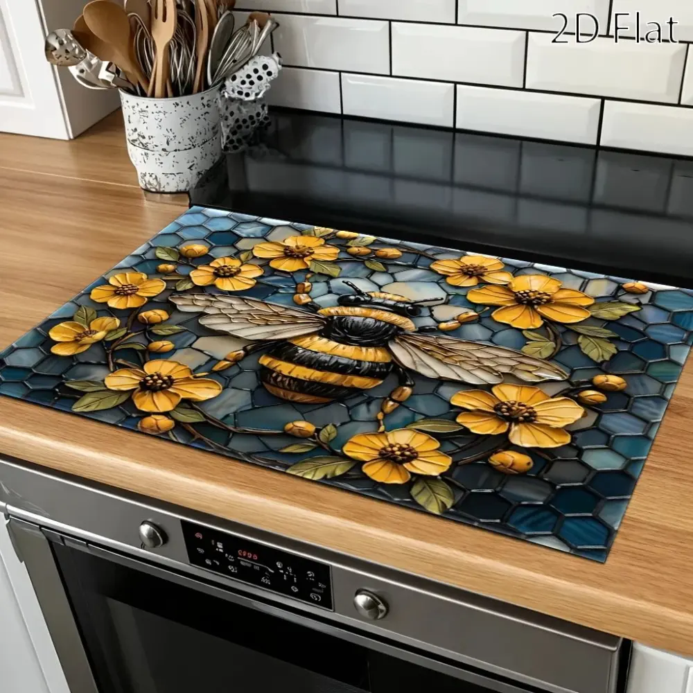 2D flat bee flower pattern design rubber stove protective cover - heat-resistant, anti slip, absorbent, easy to clean, oven mat, refrigerator mat, kitchen stove cover, suitable for surface protection of ovens, washing machines and appliances