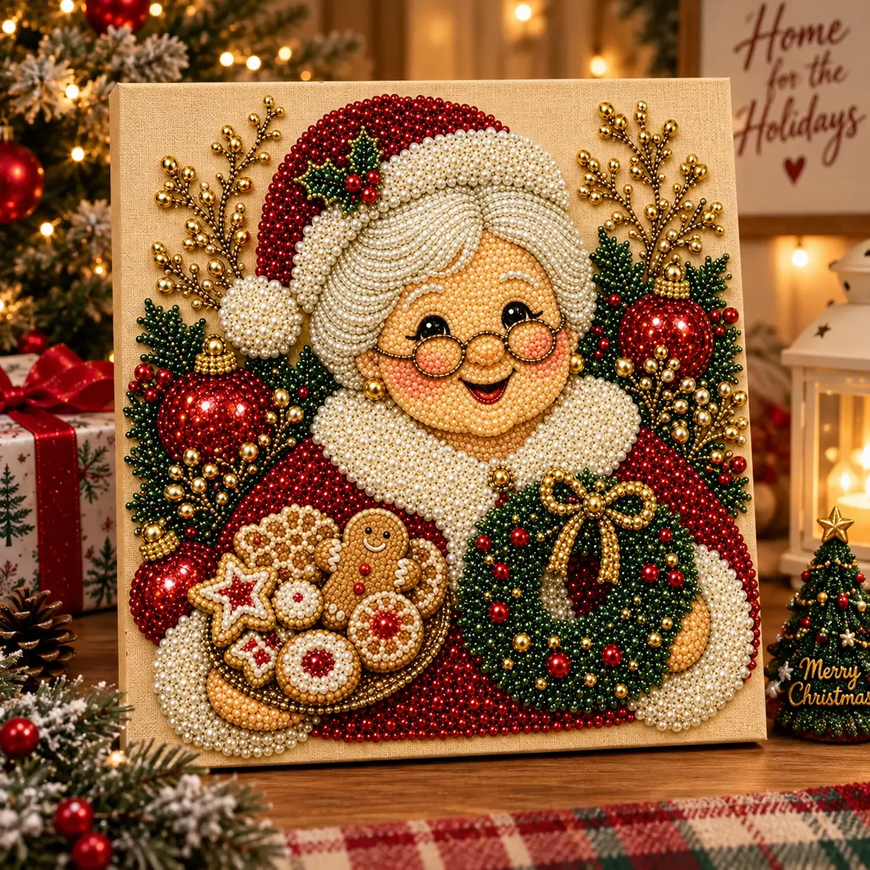 Christmas Pearl Diamond Painting Kit 3D Beaded Wall Art, Santa Grandma & Fox Holiday DIY Craft Canvas, Cute Xmas Rhinestone Mosaic Set for Adults Beginners, Festive Home Wall Decor Gift for Tabletop Shelf Living Room Christmas Party Decor