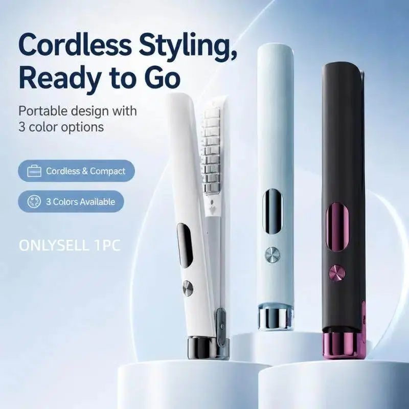 Portable Wireless Hair Straightener and Curler, USB Rechargeable 4500mah Battery, Anti-Hot Design, Ion Hair Care, LCD Display, Gift Idea