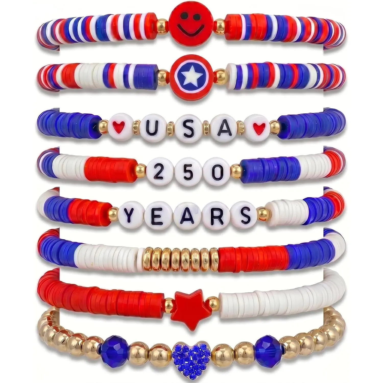 4th of July Patriotic Bracelets for Women Men, Red White and Blue Beaded Stretch Stackable Bracelet Set, Colorfast Independence Day  Accessories for Summer Beach & Parades