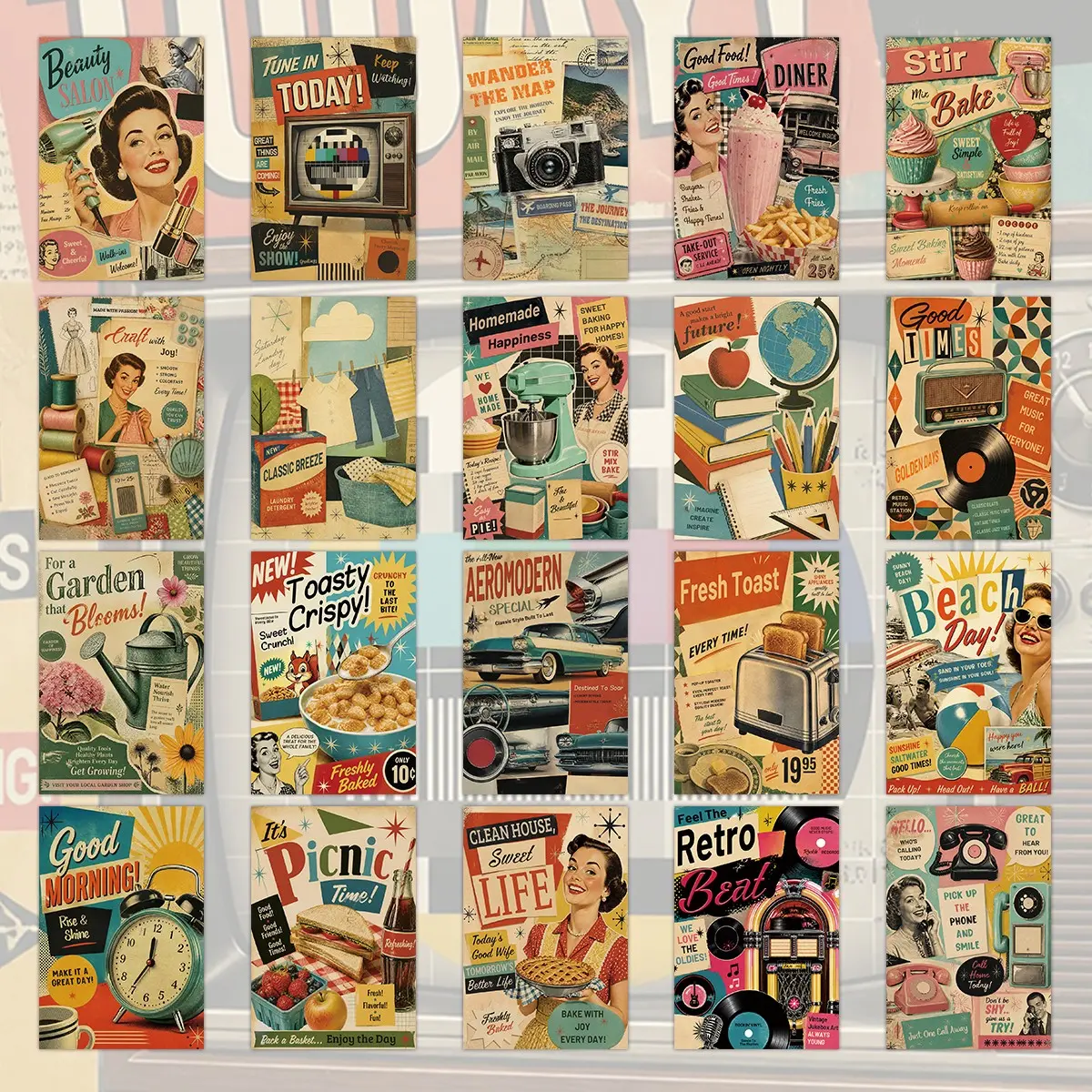 20 Vintage American Postcards Set, Variety 4x6 Inch 1950s Pop Art Collectible Postcards, Blank Back for Greetings, Gifts, Wall Decor