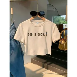 God Is Good Cross Print Womens Crop T Shirt Soft Cotton Short Sleeve Casual Top Summer Daily Wear Aesthetic Faith Apparel For Teen Girls Trendy Streetwear Vacation Outfit