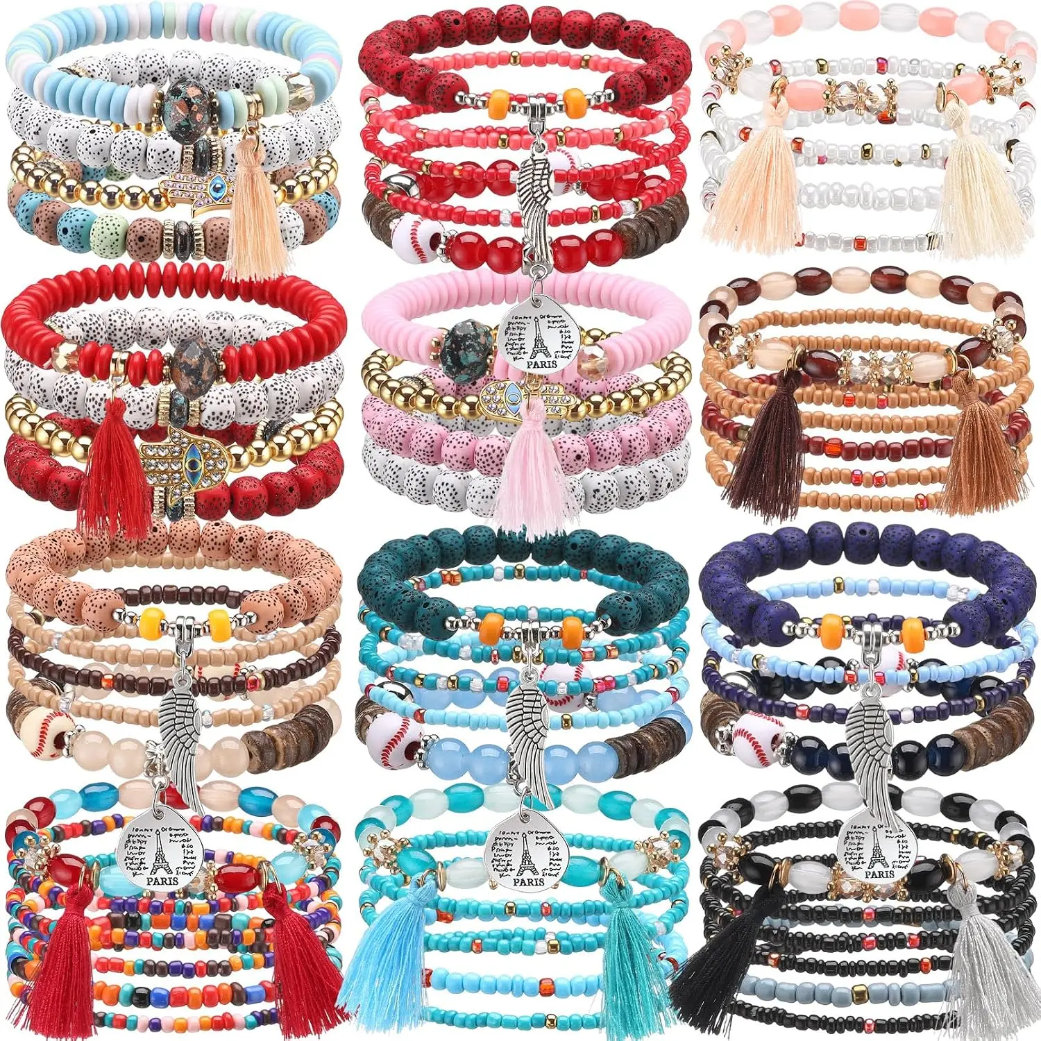 12 Sets Bohemian Stackable Bead Bracelets for Women Multi-color, Stretch, Layered, , Boho  Set