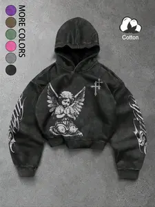 Unisex Vintage Street Style Angel Prayer Hoodie with Distressed Cross Print, Loose Gothic Sweatshirt for Trendy Couples and Fashion Enthusiasts