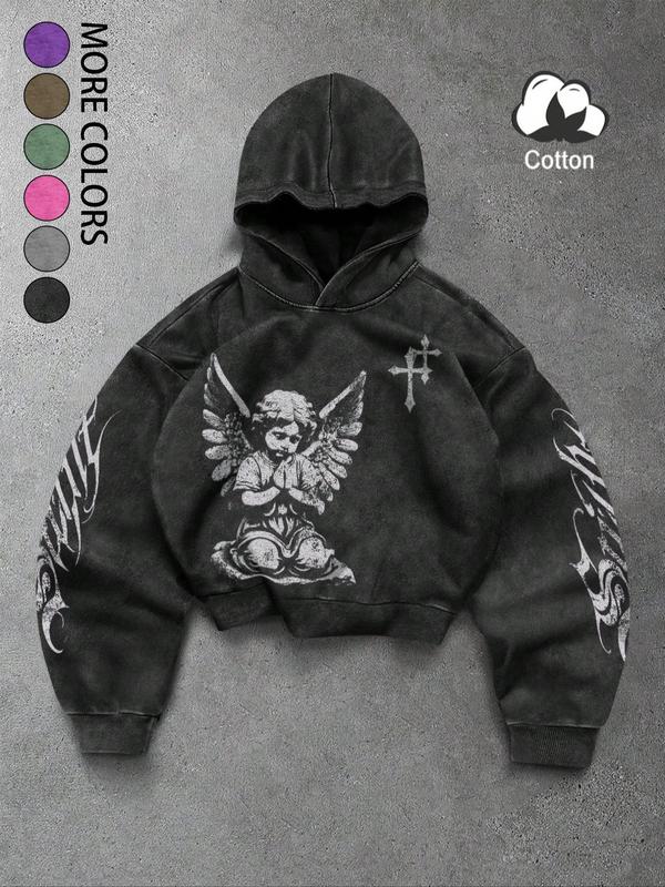 Unisex Vintage Street Style Angel Prayer Hoodie with Distressed Cross Print, Loose Gothic Sweatshirt for Trendy Couples and Fashion Enthusiasts