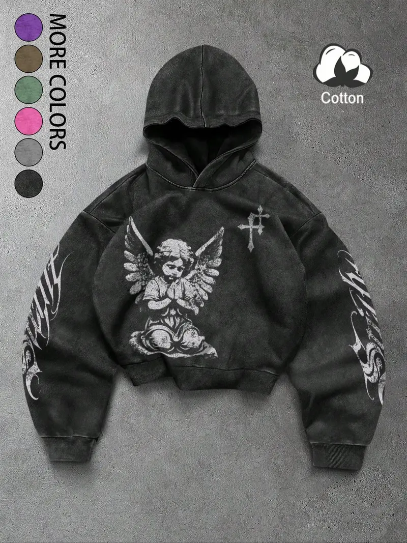 Unisex Vintage Street Style Angel Prayer Hoodie with Distressed Cross Print, Loose Gothic Sweatshirt for Trendy Couples and Fashion Enthusiasts