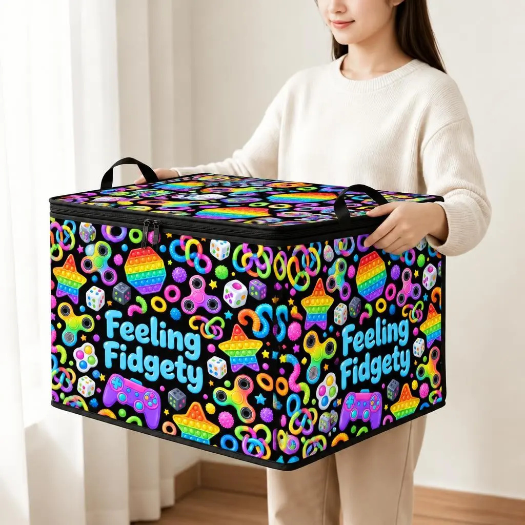 Rainbow Fidget Sensory Toy Storage Box, "feeling Fidgety" Print, Kids Room Organization, Fun and Functional Storage Solution