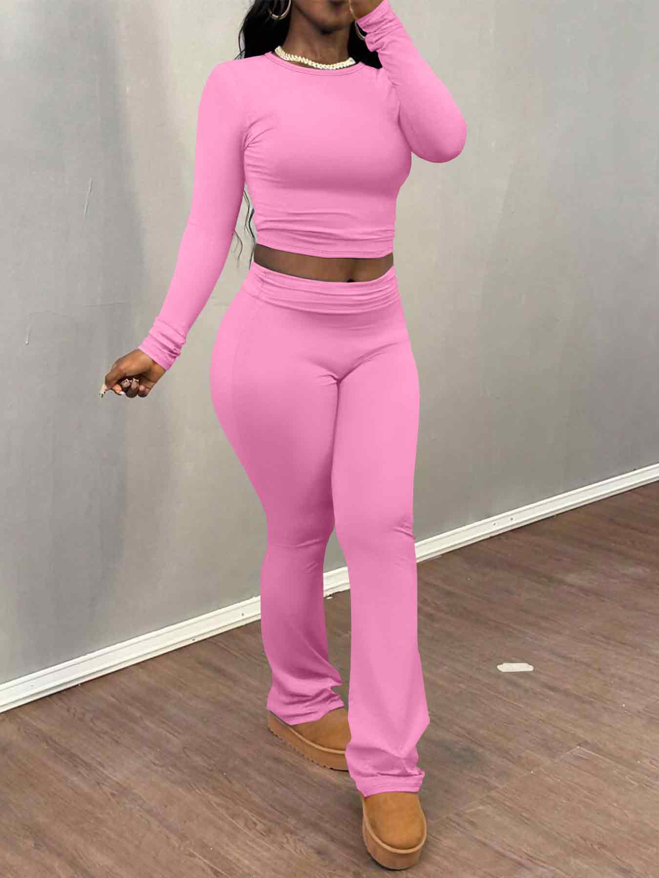 Women's Solid Long Sleeve Crop Top & Flare Leg Pants Two-piece Set, Casual Fashion Cozy Basic Round Neck Top & Bell Bottom Trousers for Daily Outdoor Wear, Women's Clothing for Fall & Winter