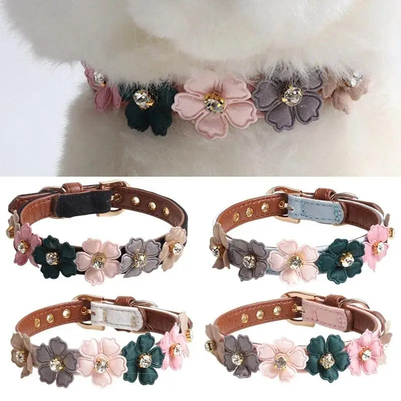 3D Flowers Dog Collar Small Dogs Cat Princess Necklace Pet Products Cute Shiny Diamonds PU Collar For Chihuahua Small Dogs #