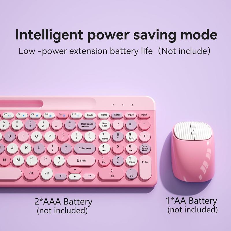 F-KBB01 Retro Wireless Keyboard with Round Keycaps, 2.4GHz Full-Size USB Cute Wireless Keyboard Mouse for Computer, Desktop, Laptop and Computer (Pink-Colorful)