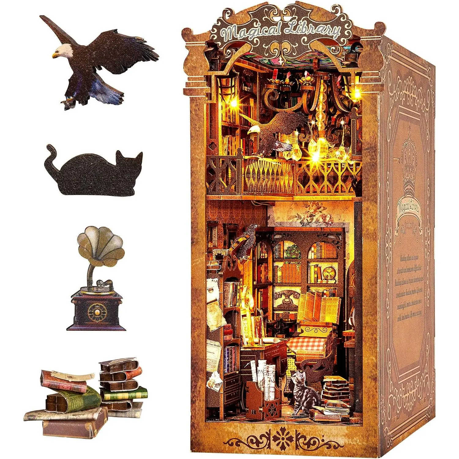 Adult Wood DIY 3D Wooden Puzzle Book Nook Kit - Miniature Furniture Bookend with Dust Cover,3D Wooden Puzzle Booknook with LED Light, Creative Building Craft Supplies, Easy Bookshelf Decor,booknook,handmade,giftguide