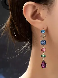 Dmk Elegant Long Earrings with Colorful Gems, Perfect for Evening Gowns, Party, Wedding, All Seasons, Graphic Design, Alloy Material