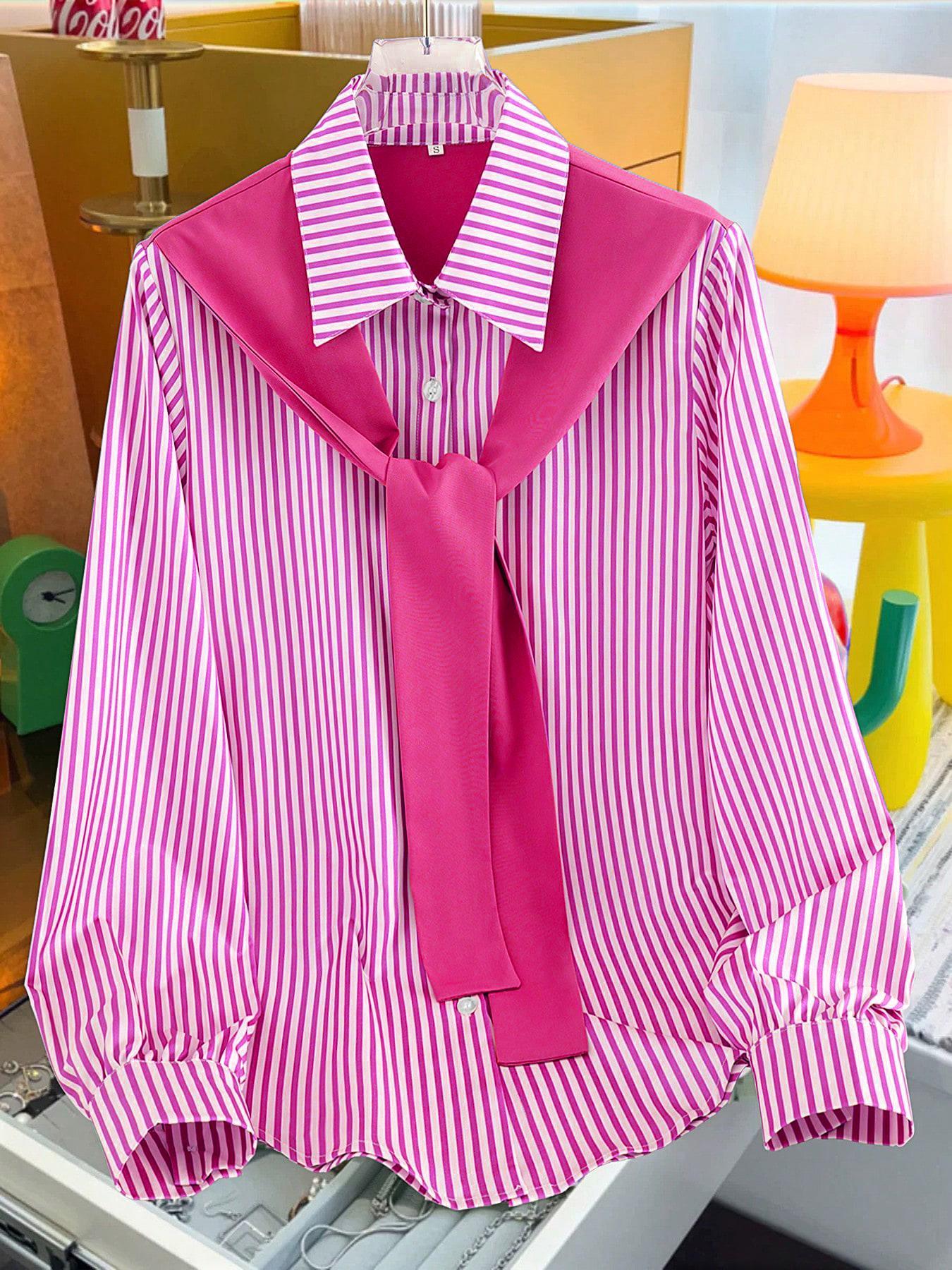 Women's Striped Print Tie Front Shirt Blouse, Casual Long Sleeve Collared Top for Spring & Fall, Women's Clothing for Daily Wear