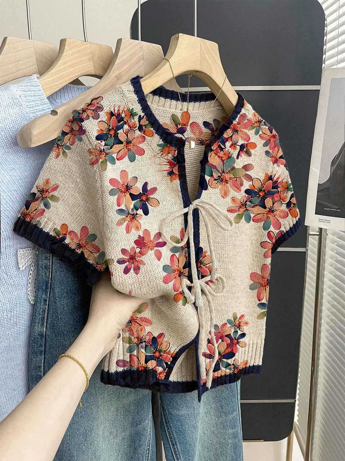 Boho Style Loose Round Neck Short Sleeve Knit Top, Floral Print, Women's Summer Casual Sweater, Spring & Summer Fashion