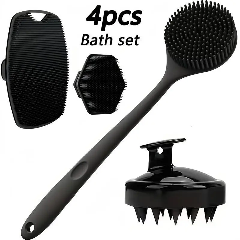 Sohochic Synthetic 3Pcs/4Pcs Silicone Bath Accessory Set - Long-Handle Soft-Touch Shower Body Scrubber, Face Cleanser Tool, Scalp Brush for Adult Self-Care