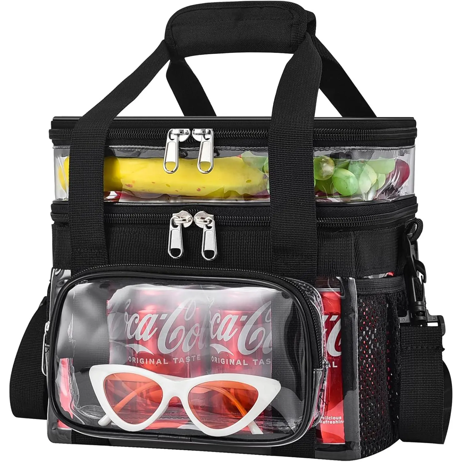 Clear Lunch Bag - Large Clear Lunch Bag for Work Double-Deck Reusable Lunch Bag with Adjustable Strap, Front Pocket and Top Compartment for Picnic, Beach, Work, School(2-3 People Use)