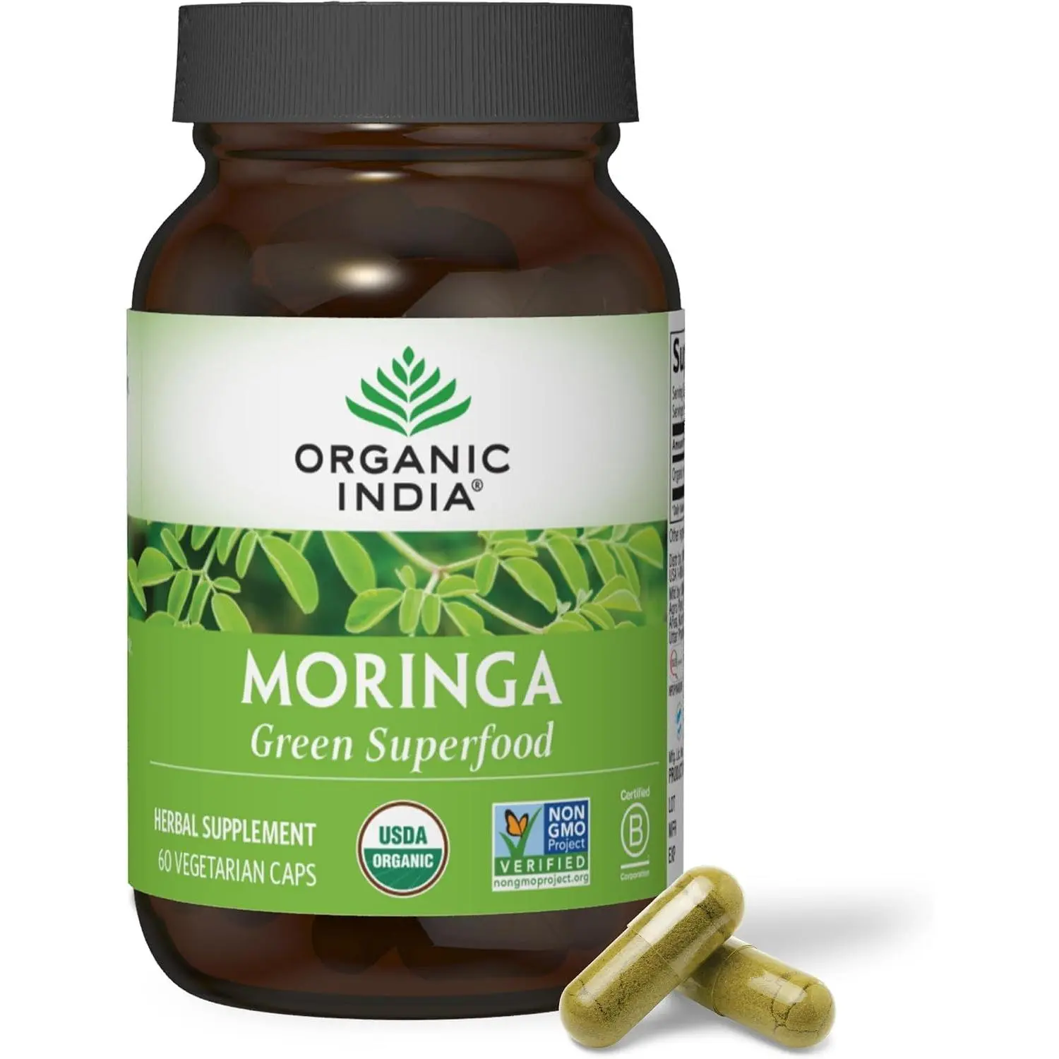 ORGANIC INDIA Moringa Capsules Organic, Pure Supergreen, Vegan, 60 Capsules