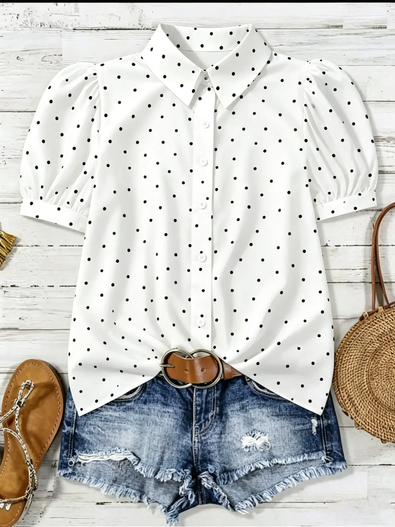 Women's Summer Polka Dot Collared Shirt, Bubble Short Sleeve Loose Fit Slimming Boho Resort Blouse, French Casual Office Vacation Top, Boho Style Shirt