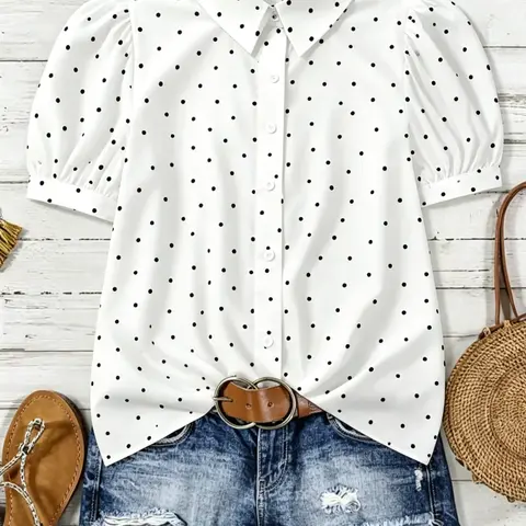 Women's Summer Polka Dot Collared Shirt, Bubble Short Sleeve Loose Fit Slimming Boho Resort Blouse, French Casual Office Vacation Top, Boho Style Shirt, Summer Vibes Tops