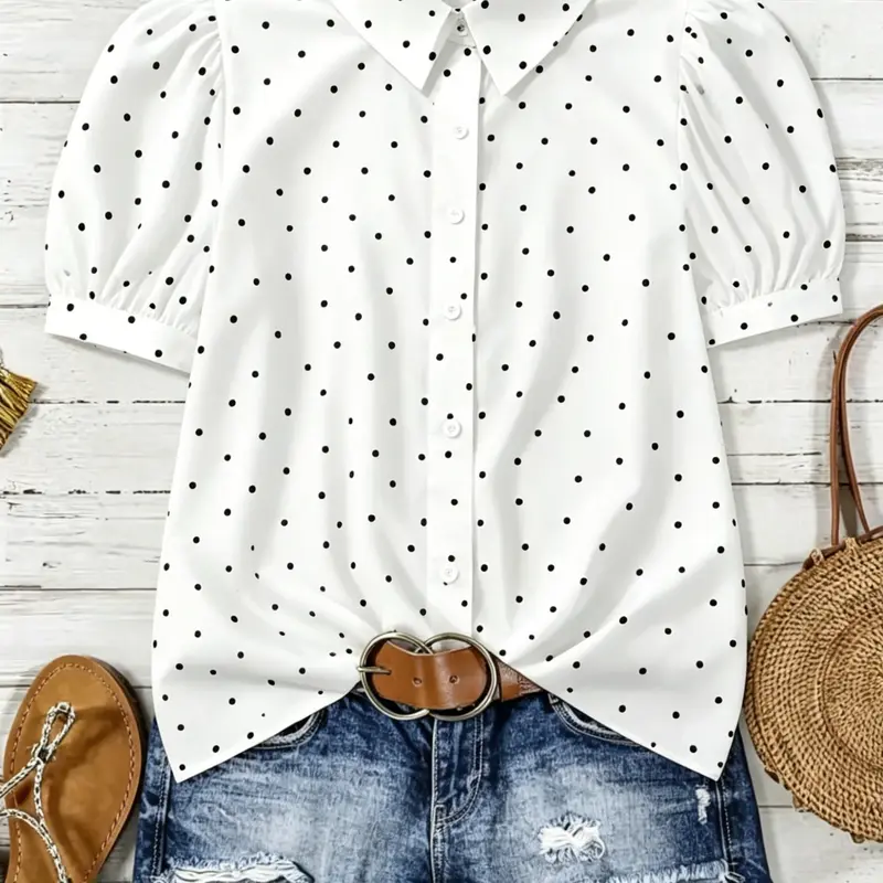 Women's Summer Polka Dot Collared Shirt, Bubble Short Sleeve Loose Fit Slimming Boho Resort Blouse, French Casual Office Vacation Top, Boho Style Shirt, Summer Vibes Tops