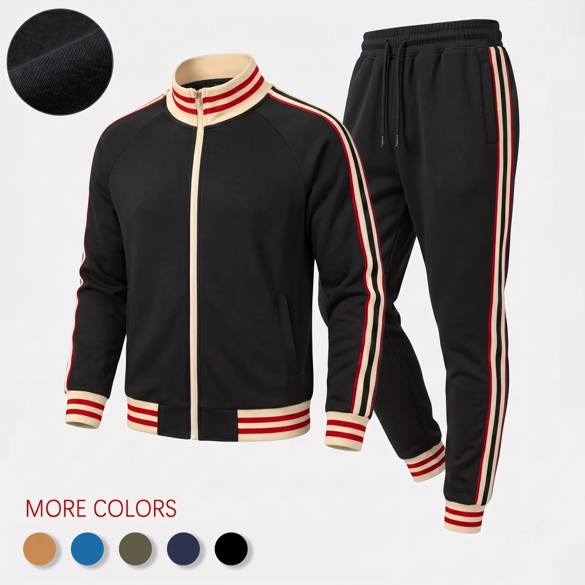 Men’s Retro Stripe Tracksuit Set, Zip Stand Collar Jacket and Drawstring Jogger Pants, Casual Athletic Two-Piece Outfit for Streetwear, Travel, Workout and Daily Wear