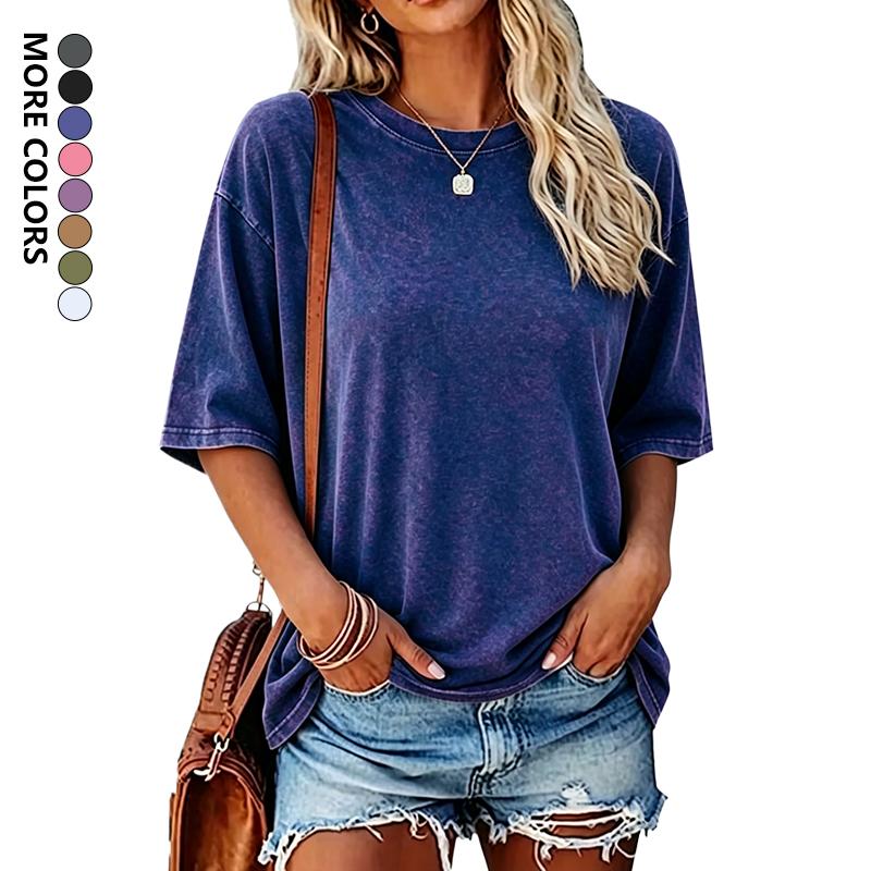 Women's 5-Pack Pure Cotton Washed Finish Short-Sleeve T-Shirt Set, Round Neck, Relaxed Fit, Distressed Print, Skin-Friendly Breathable, Minimalist Vintage Casual, Women's Tops, Machine Washable, Pairs with Jeans Shorts