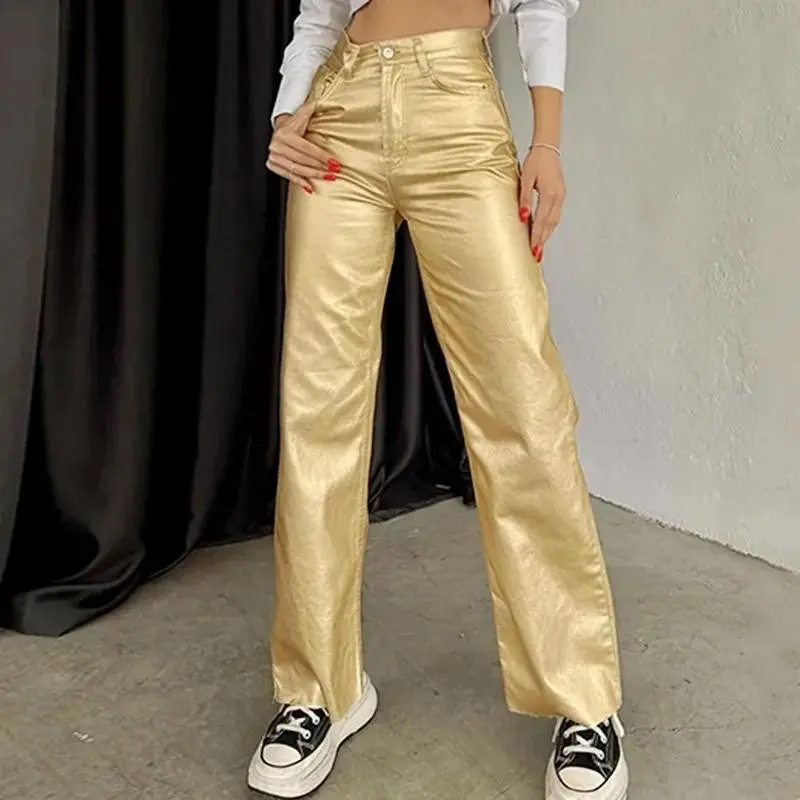 Women's Fashion Gold Silver High Waist Straight Pants Vintage Pockets Elegant Loose Fit Shiny Trousers