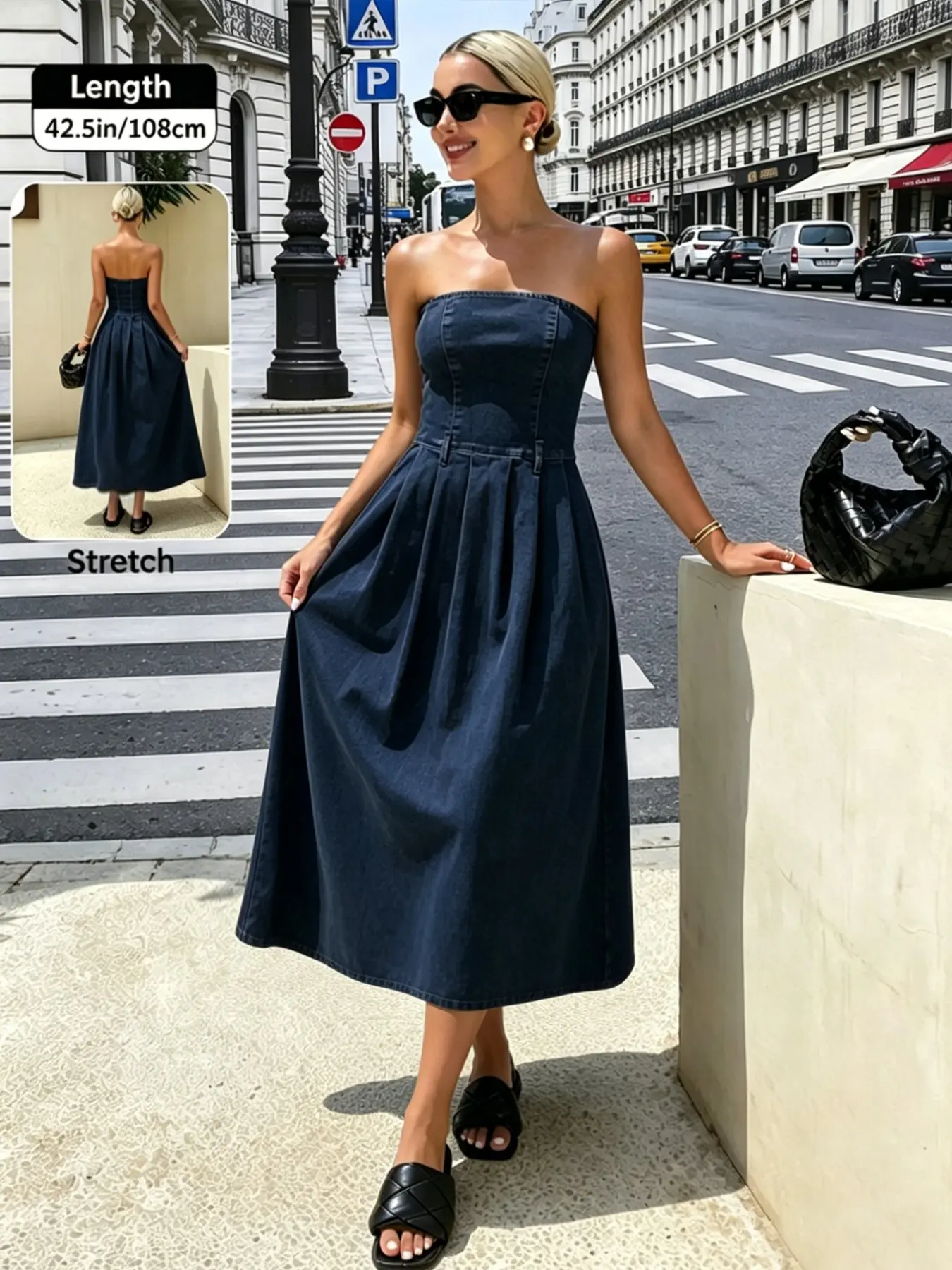 Women's Dark Wash Denim Elastic Sleeveless Dress, Summer Waist Cinched Long Gown, Vintage Blue Strapless Dress, Casual Loose-Fitting Chic Dress