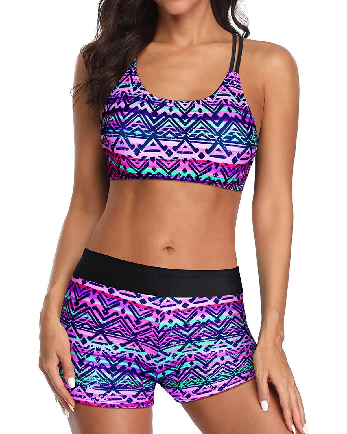 Women's Mint Green 3-Piece Tankini Swim Set - Racerback Tank Top with Floral Boyshorts & Sports Bra for Modest Beach Wear