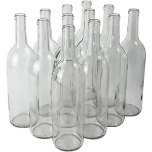 750 ml Clear Glass Bottles Wine Bottles (Pack of 12) | NO CORKS INCLUDED | Clear Bordeaux Flint Flat-Bottomed Cork Top Bottle for Wine Making | Case of 12