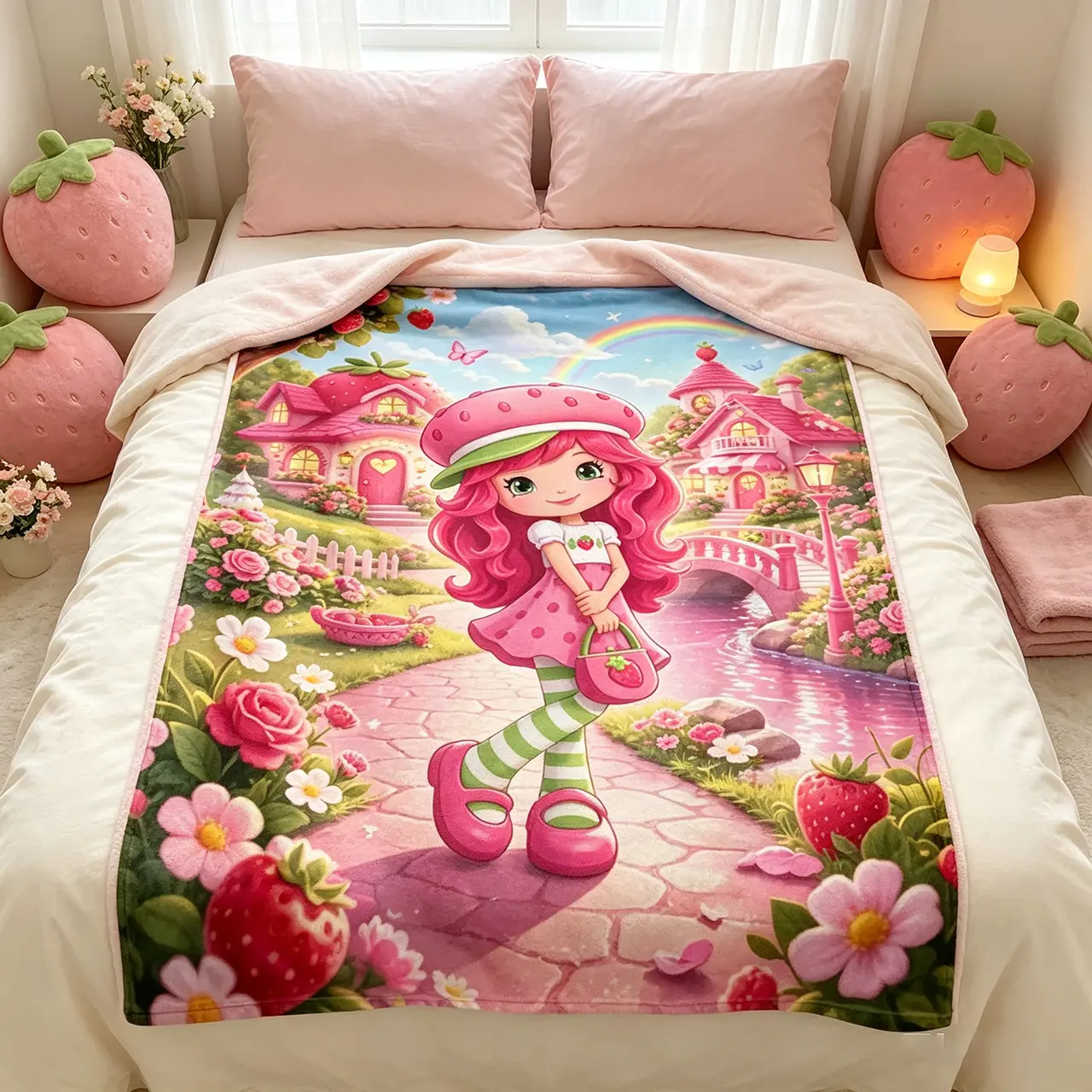 Strawberry Girl Flannel Blanket Cute Strawberry Village Floral Rainbow Print Soft Cozy Lightweight Warm Plush Throw for Bedroom Sofa Picnic Travel Gift Dorm Lounge Decor