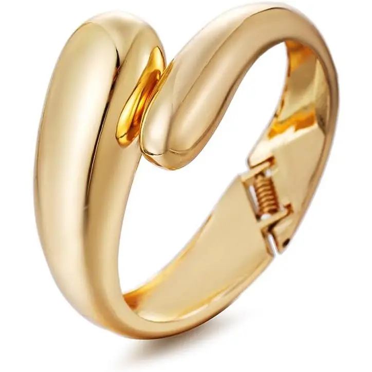 Golden Polished Chunky Twisted Hinged  Bangle Bracelet for Women Spiraled Oval Bangle Bracelet