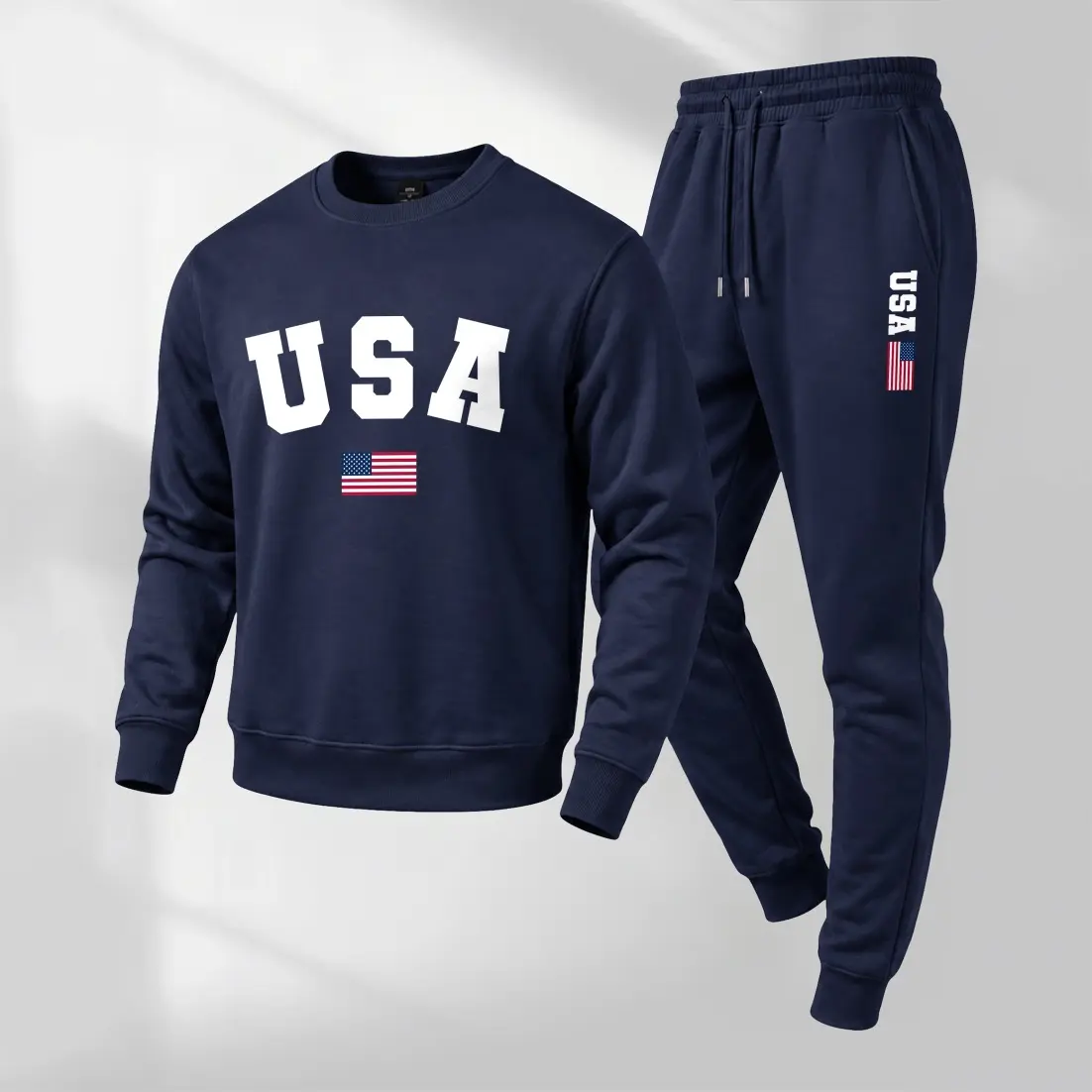 Men's USA Flag Graphic Crewneck Sweatshirt and Jogger Pants Set, Casual Long Sleeve Pullover with Drawstring Sweatpants, Fall Winter Tracksuit for Daily Wear, Travel, Lounge, Workout and Indoor Outdoor Activities