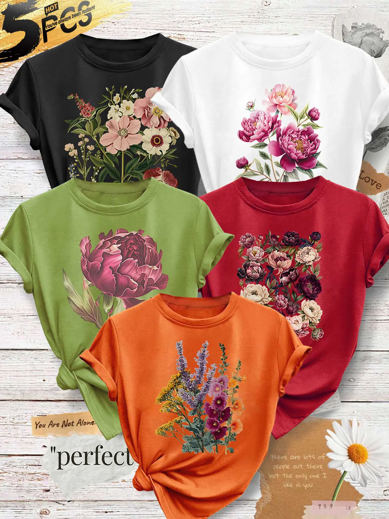5‑Pack Women Crew Neck T‑Shirts, Peony Flower Print As Picture, Multi‑Color Available, Machine Washable, Spring Summer Tops, Soft Skin‑Friendly Fabric, Daily Versatile Matching, Fashion Casual Short Sleeve T‑Shirts