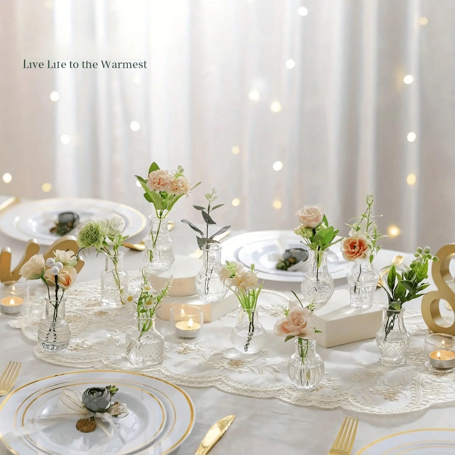 10pcs/set Bohemian Glass Vase Set,Mini Vases,Home&Dining Table Decor,Christmas Decorative Bottles,Small Vintage Glass Bud Vases,Bulk Clear Bud Vases, Diffuser Bottles, Centerpiece Decor,Cute Transparent Bud Vases For Home Flowers Wedding Decor