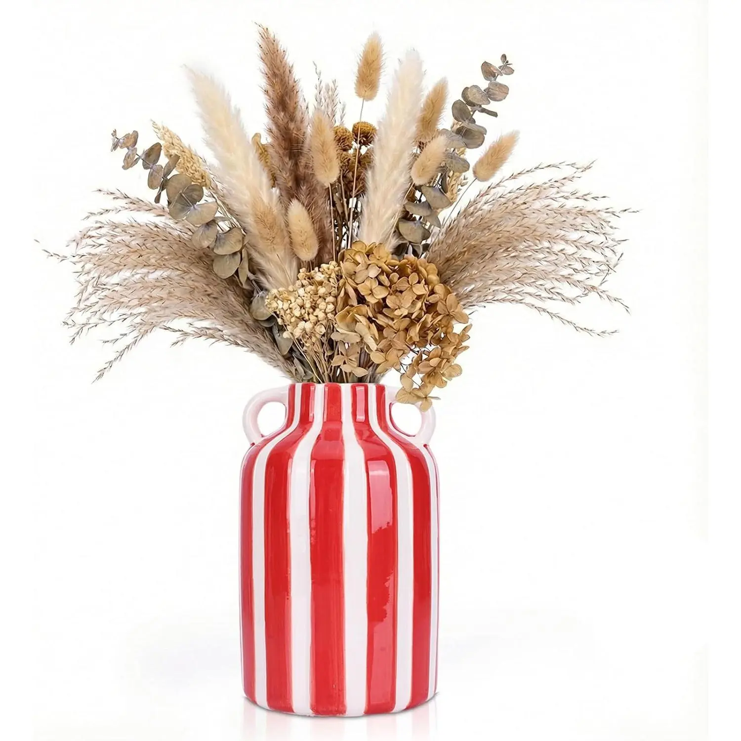 Checkered Ceramic Vase for Flower Bouquet Decorative, Funky Red White Vase with Handles, Modern Striped Small Vases for Kitchen Checkered Decor and Home Mantle Bookshelf Table Centerpiece